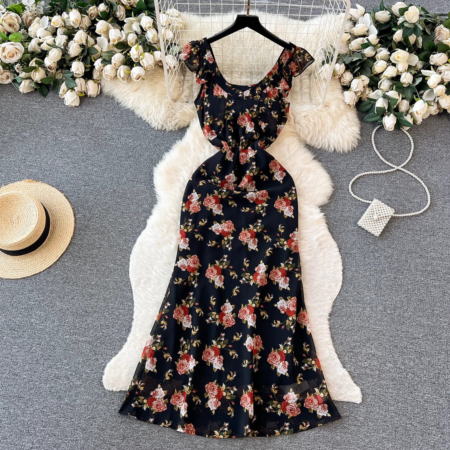 women's summer retro floral suspender dress YM321