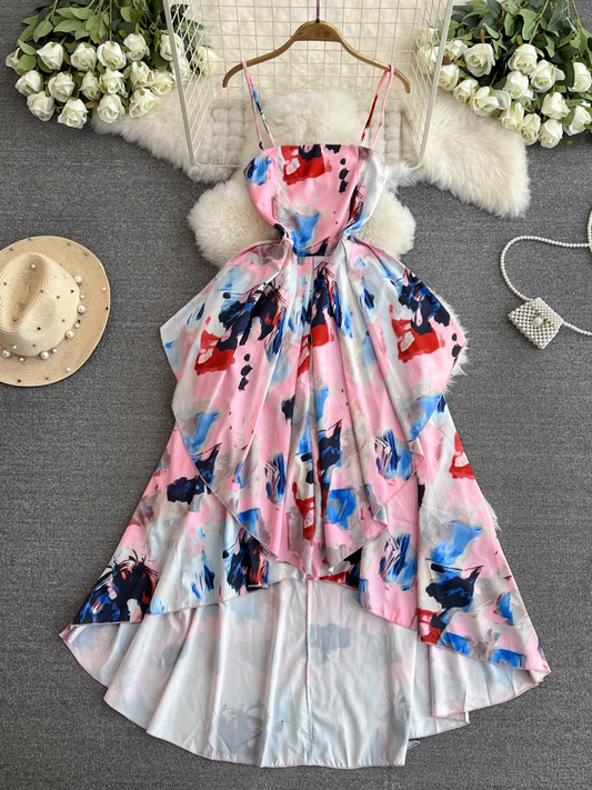 women's summer retro printed suspender dress YM1421