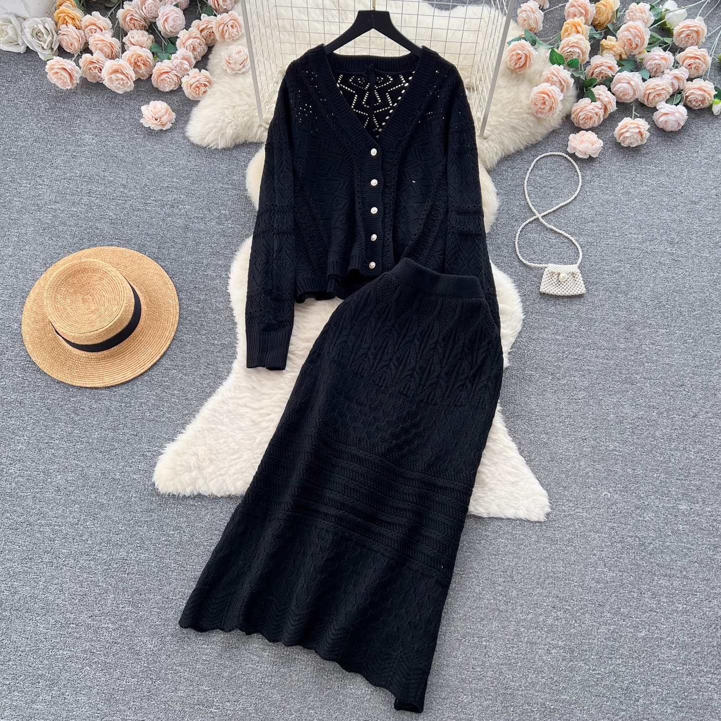 Women's suit long-sleeved cardigan versatile mid-length high-waisted skirt knitted two-piece skirt YM563