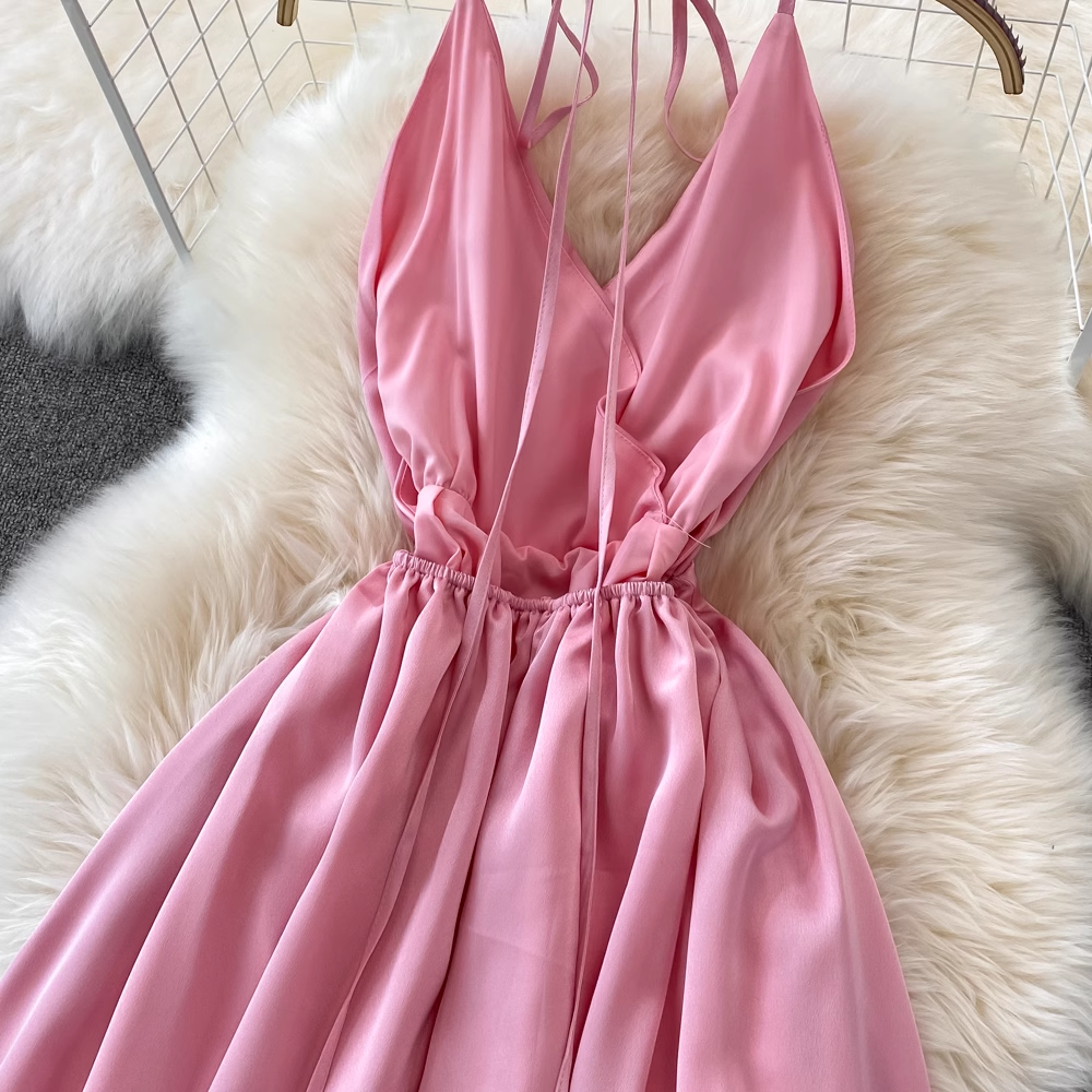 Pink V Neck Backless Summer Dress ,YM216