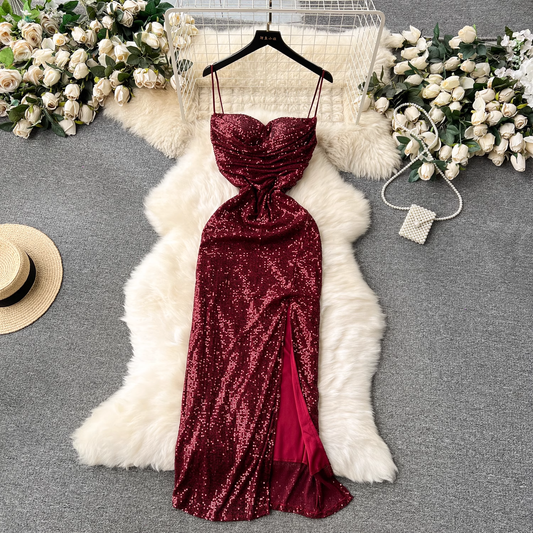 Burgundy Sequins Dress With Split  YM1237