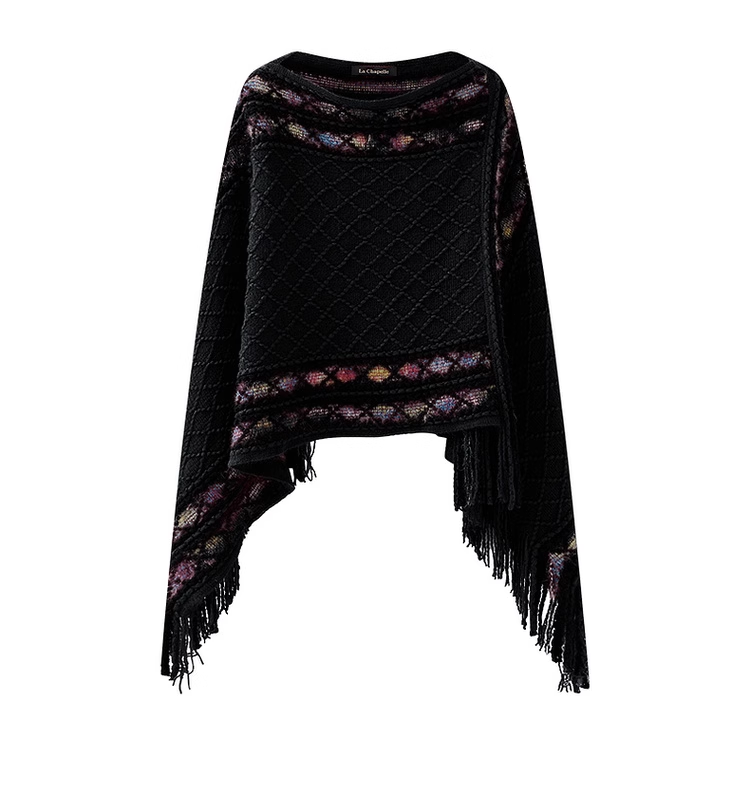 Retro Pullover Rhombus Cape Female Tassel Knitted Sweater Shawl YM375