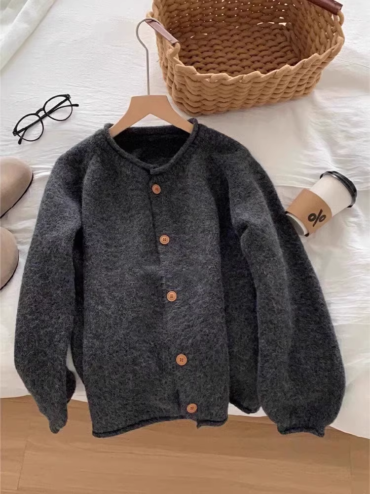 Dark Grey Crewneck Rolled Hem Knit Cardigan YM1877