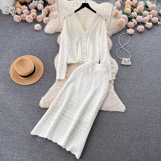 Women's suit long-sleeved cardigan versatile mid-length high-waisted skirt knitted two-piece skirt YM563