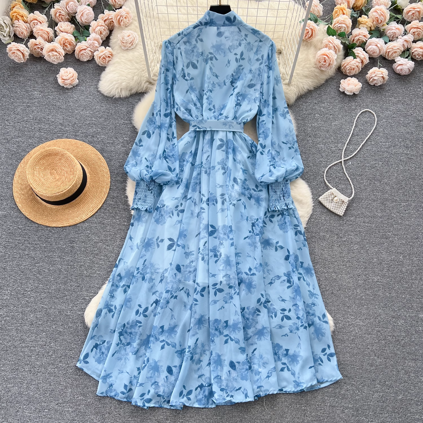 Floral dress with chiffon puffed sleeves YM623