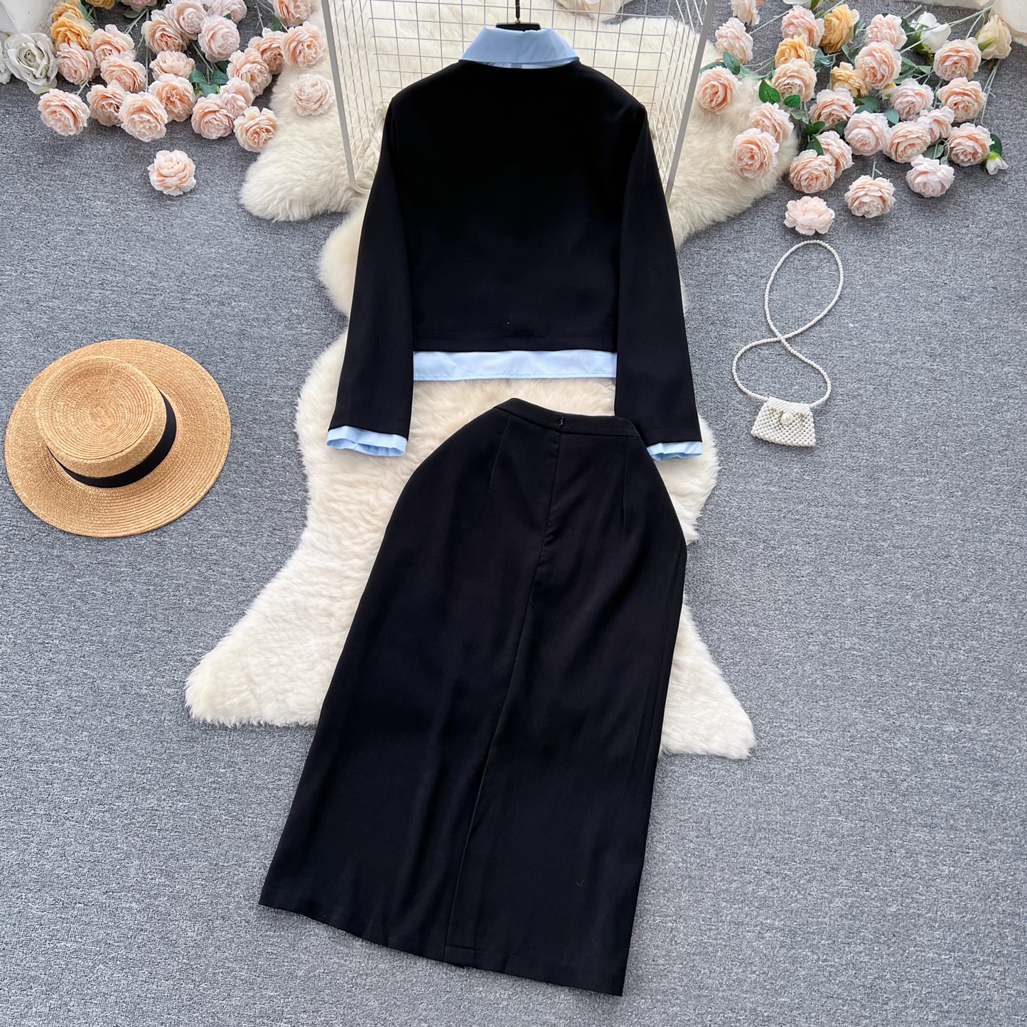 Women's fake two piece shirt jacket versatile skirt two piece set ,two piece dress YM613