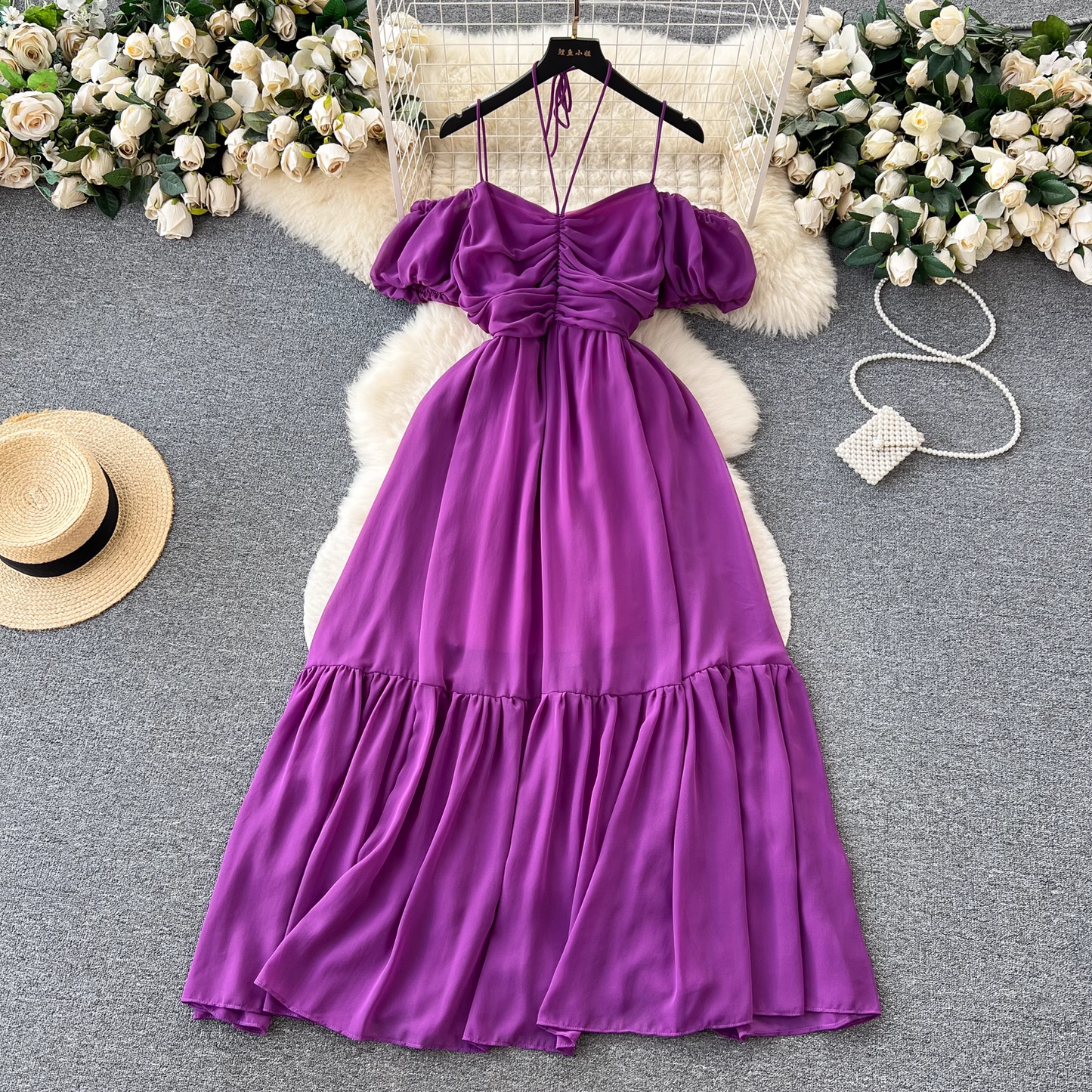 Women's summer strapless pleated dress with straps YM352