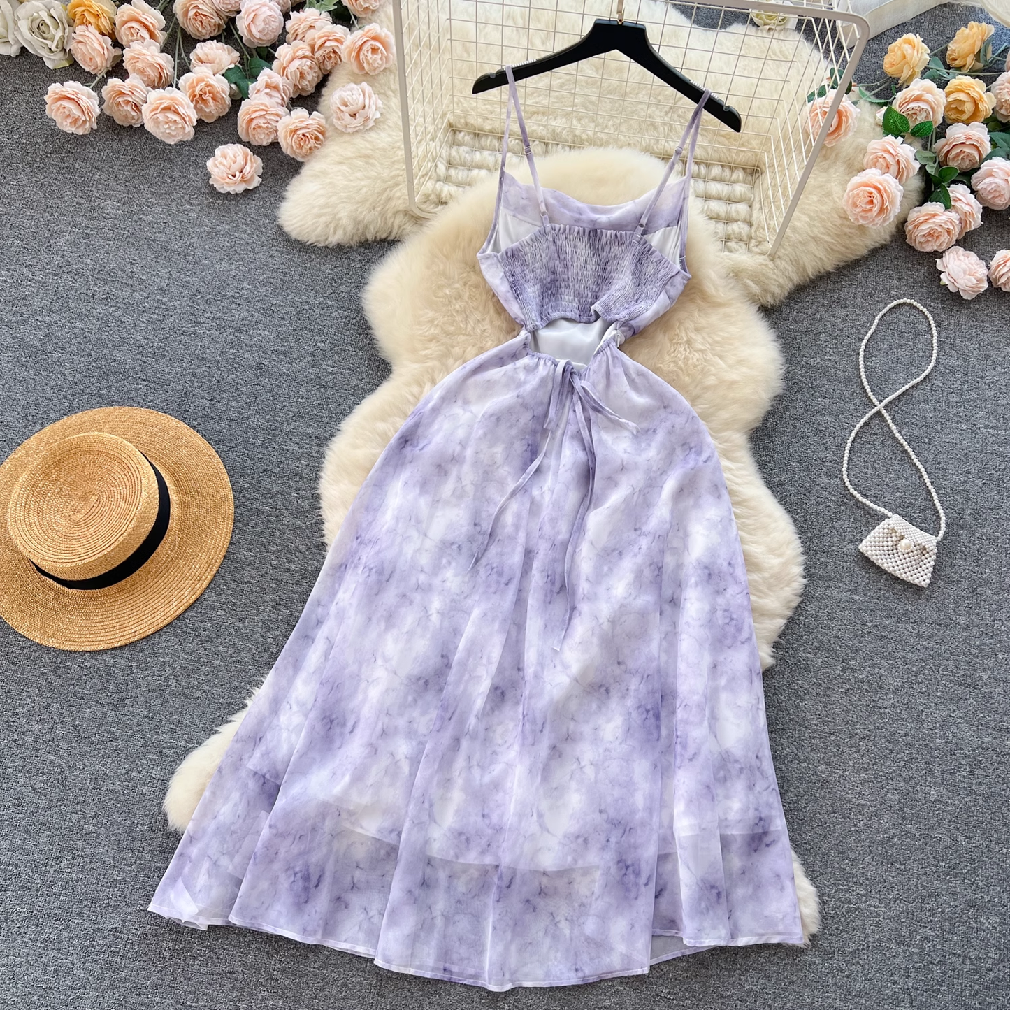 Smudge printing strap dress female seaside vacation chiffon beach skirt YM393