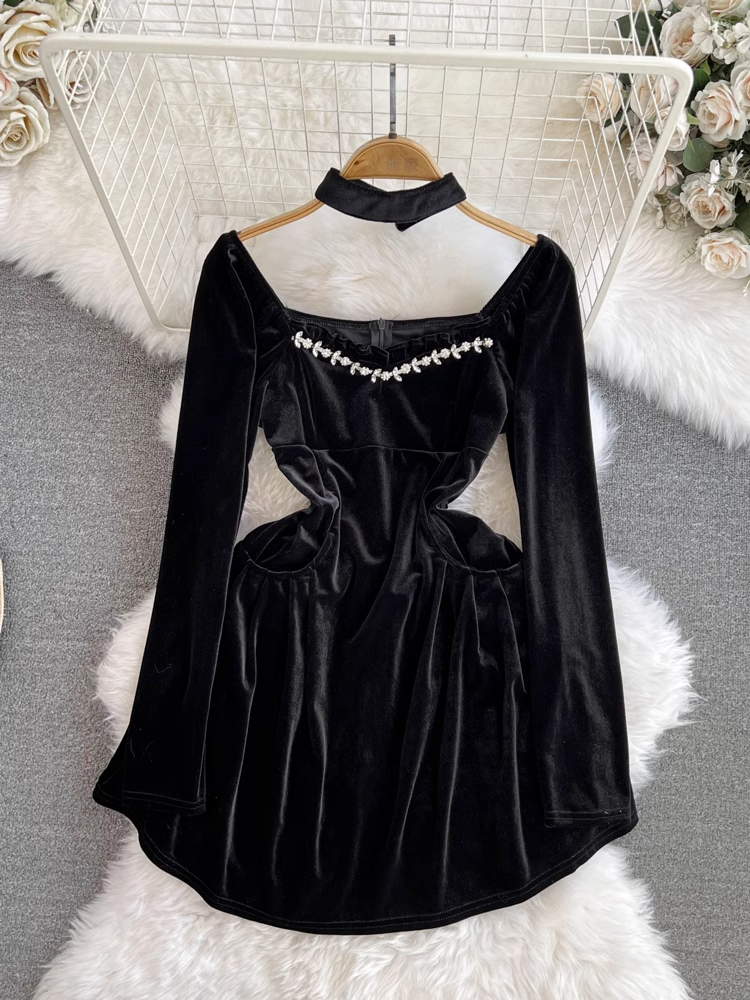 Black velvet square neck A-line dress YM996