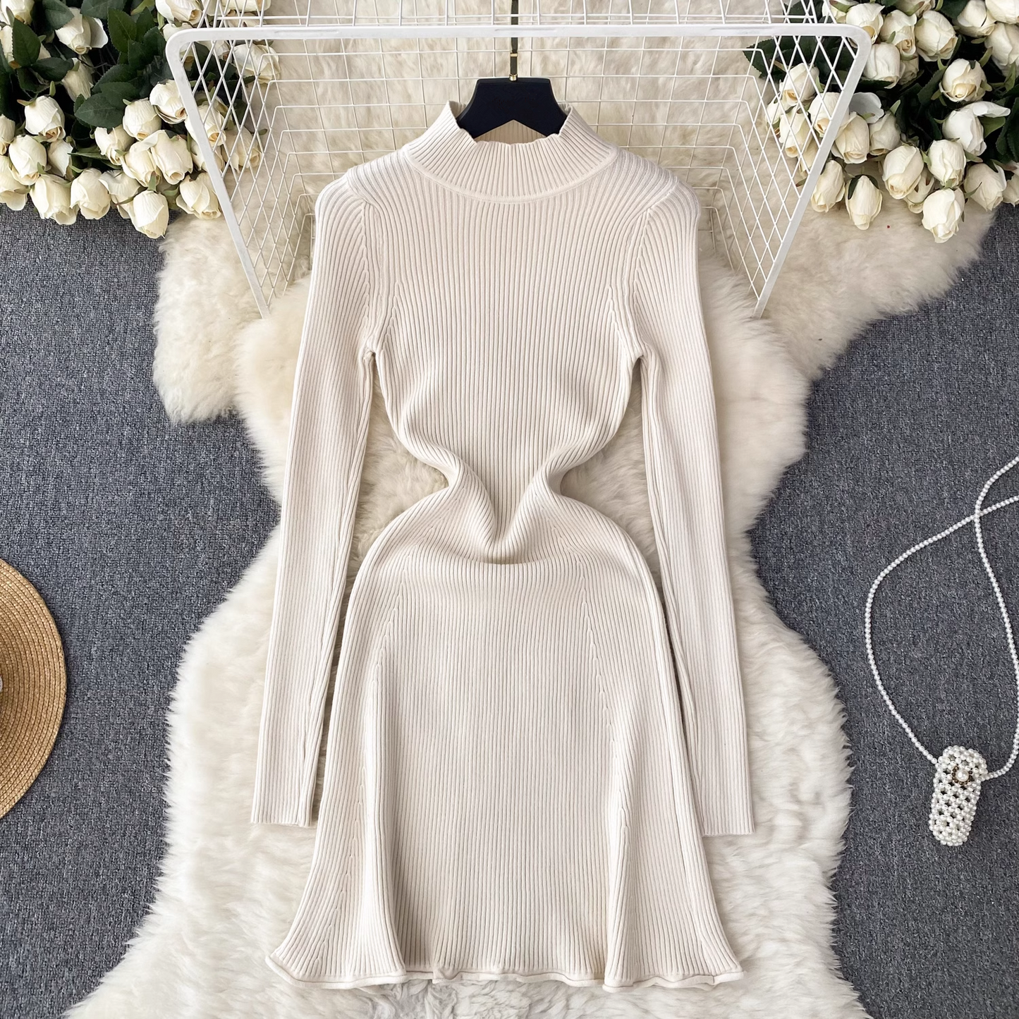 Solid color knitted dress women's autumn and winter half turtleneck tight dress YM514