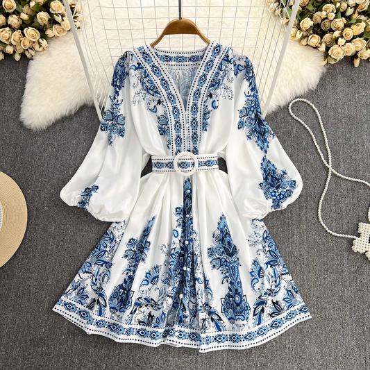 Printed Balloon Sleeve V-neck Dress , YM238