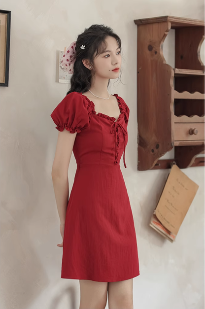 New Style Red Short Dress With Square Neck And Puff Sleeves YM1802