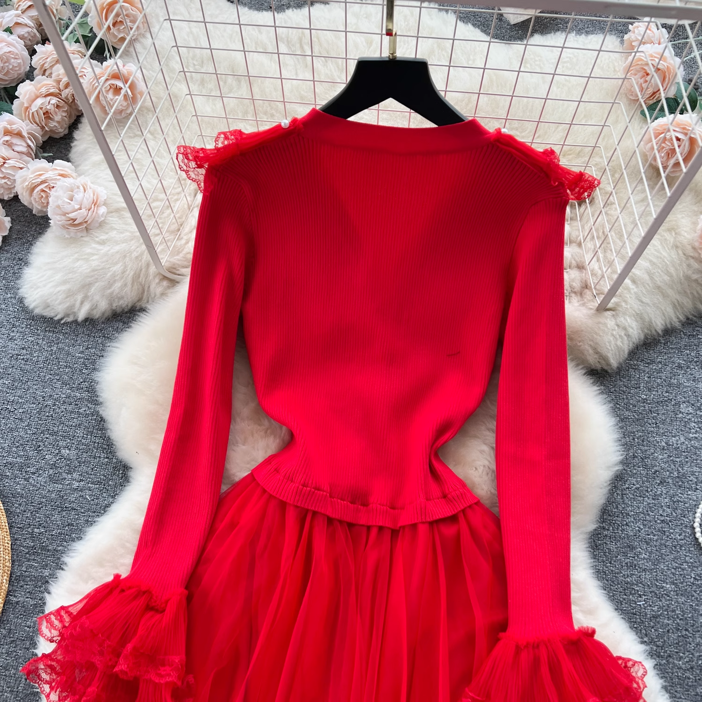 V-neck knitted splicing mesh fluffy irregular dress for women YM429