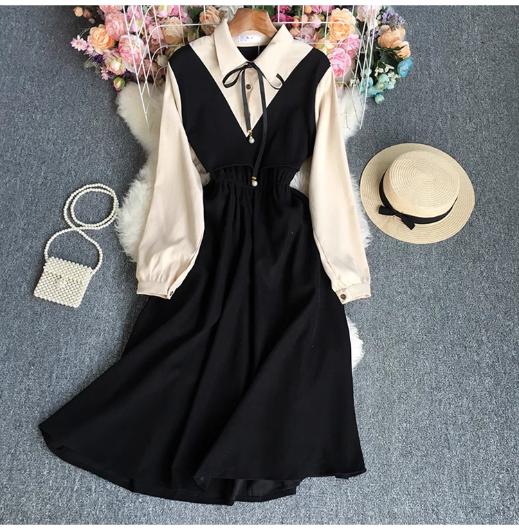 Fake two piece color block long sleeve dress YM530