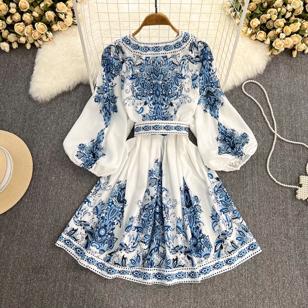 Printed Balloon Sleeve V-neck Dress , YM238