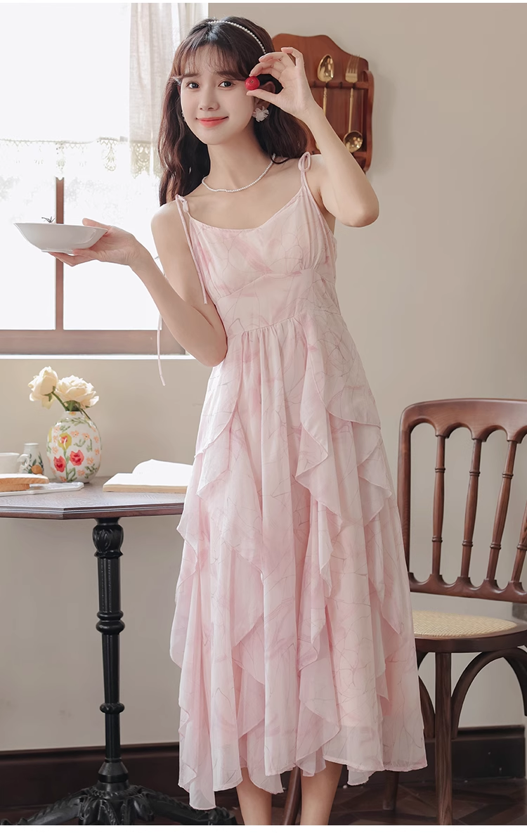 Pink ruffled chiffon suspender dress for women summer  YM1188