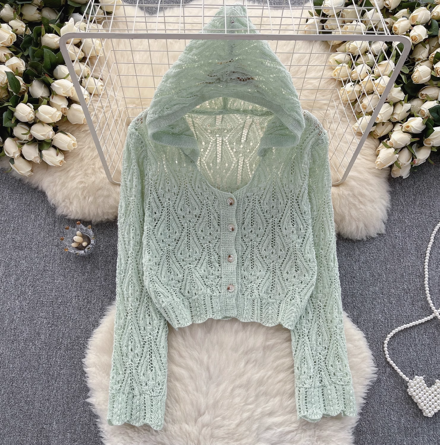 women's hollow crochet long sleeve knitted hooded shirt YM319