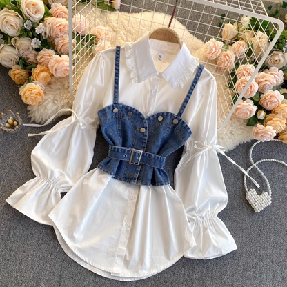 Retro Blouses Women's puff sleeve loose all-match denim camisole stacked two-piece suit,YM133