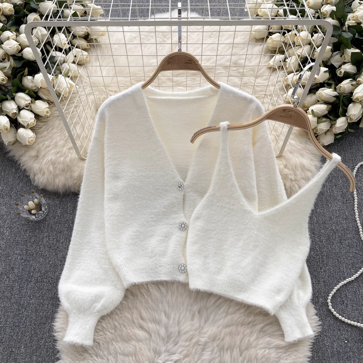 Fashion plush suit autumn and winter short camisole + cardigan jacket sweater suit YM538