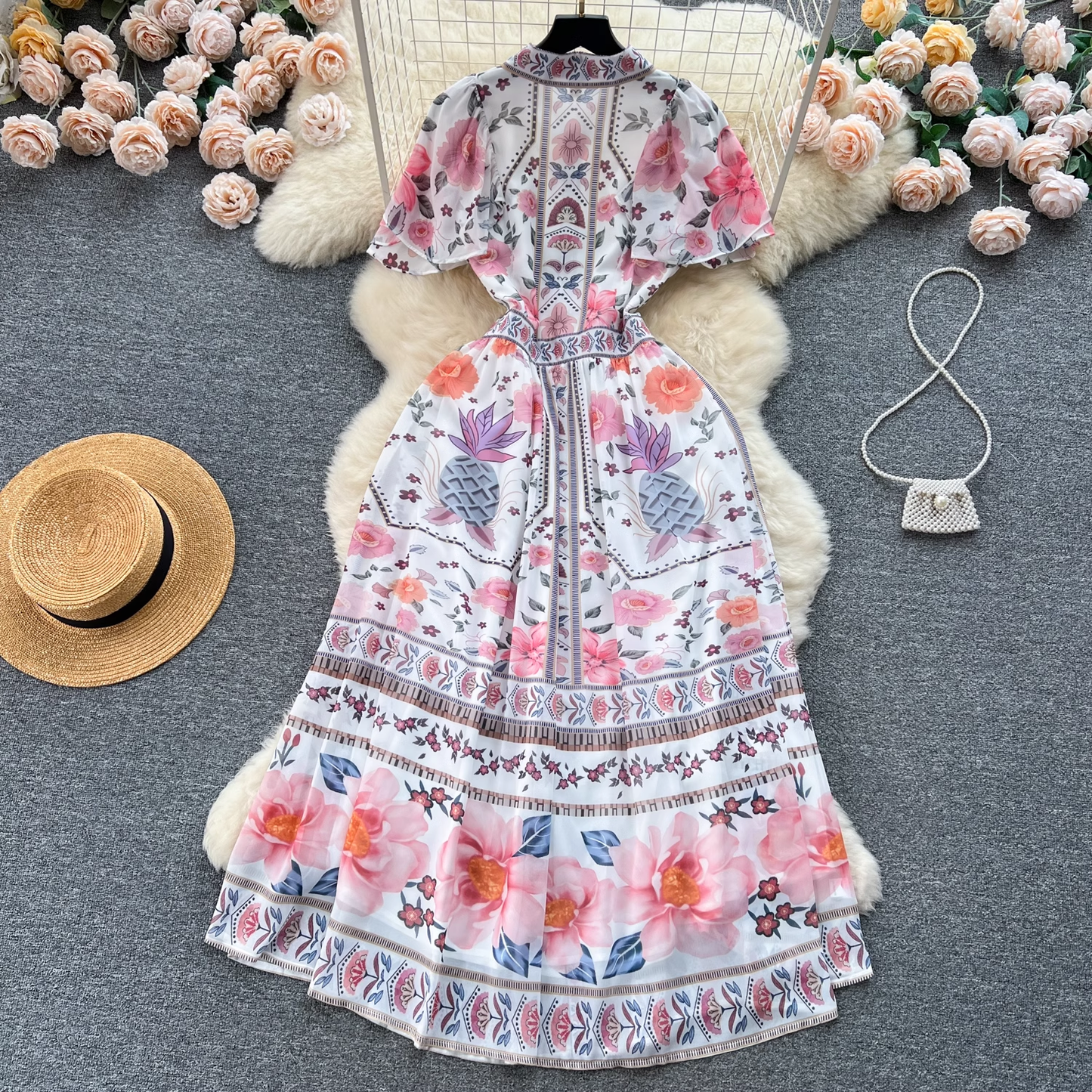 women's summer vintage printed dress, YM168