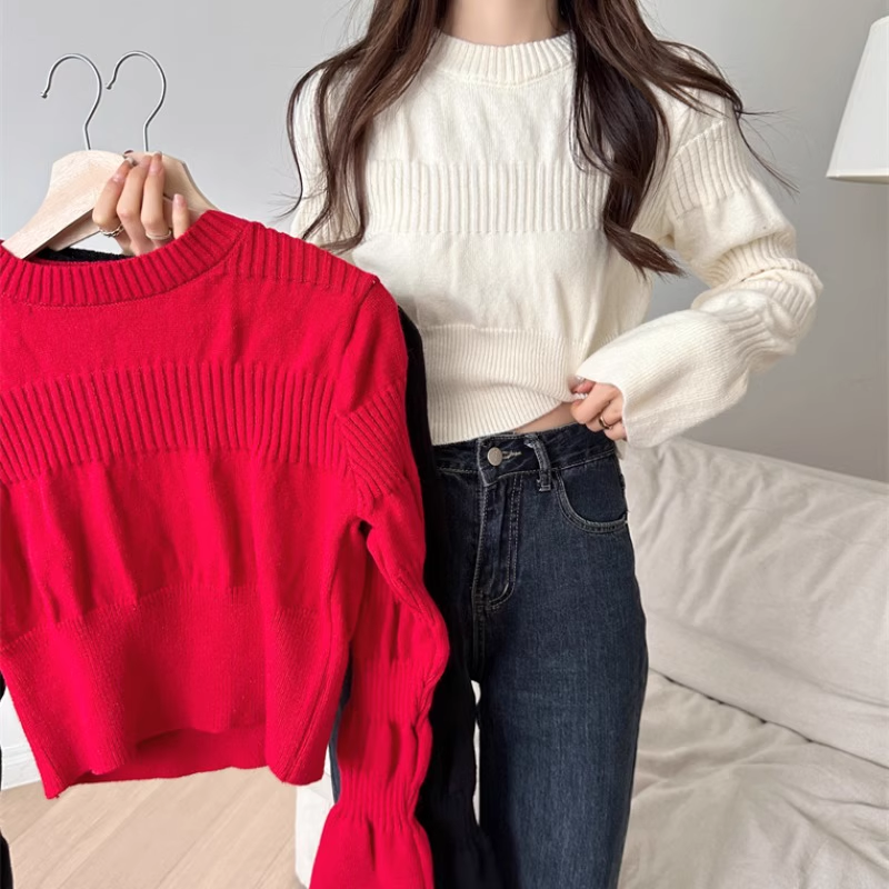 Women's fall knitted bottoming shirt with puff sleeves YM495