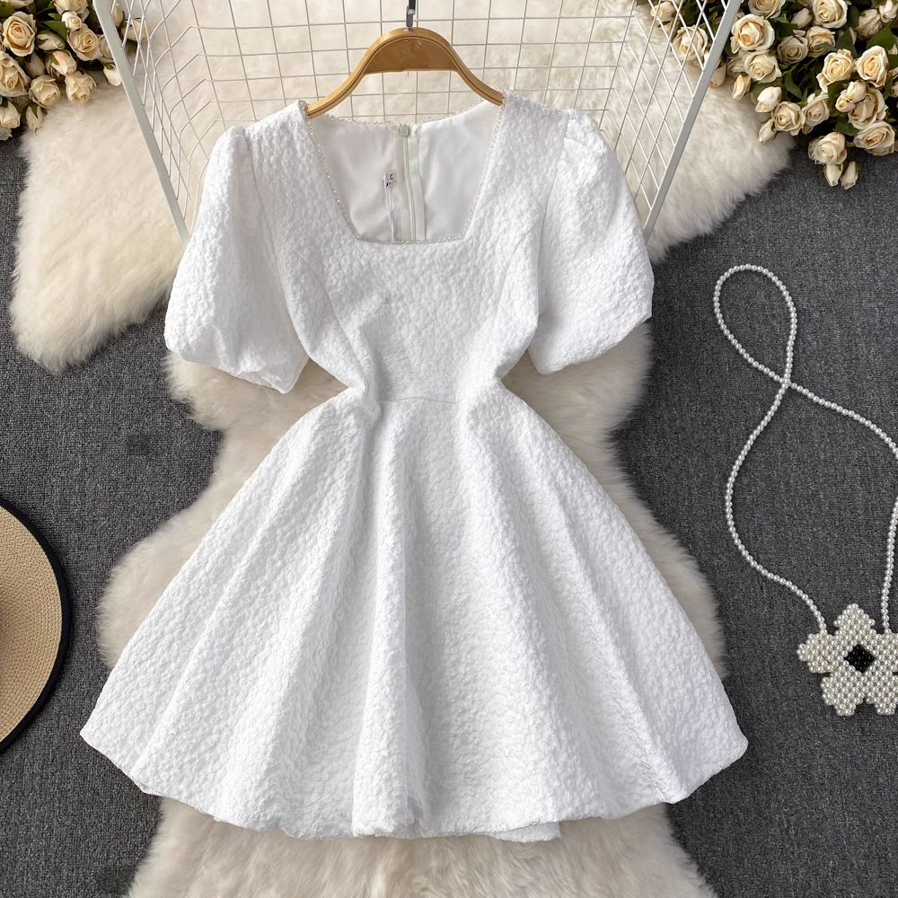 Bubble Short Sleeve Square Neck Short A-Line Puff Dress, YM252