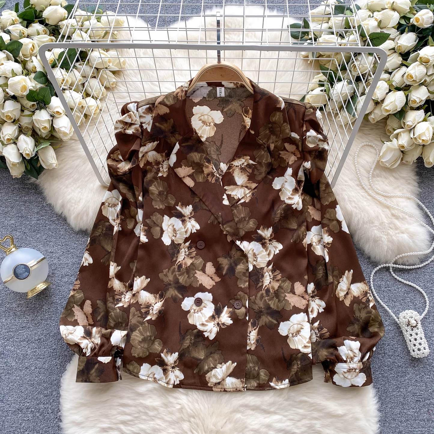 French pleated puff sleeve suit collar floral blouses YM559