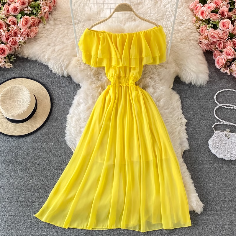 Off-the-shoulder one-shoulder ruffled chiffon dress , YM197