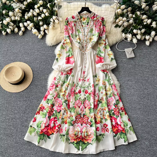 Women's summer lantern sleeve printed dress YM1464