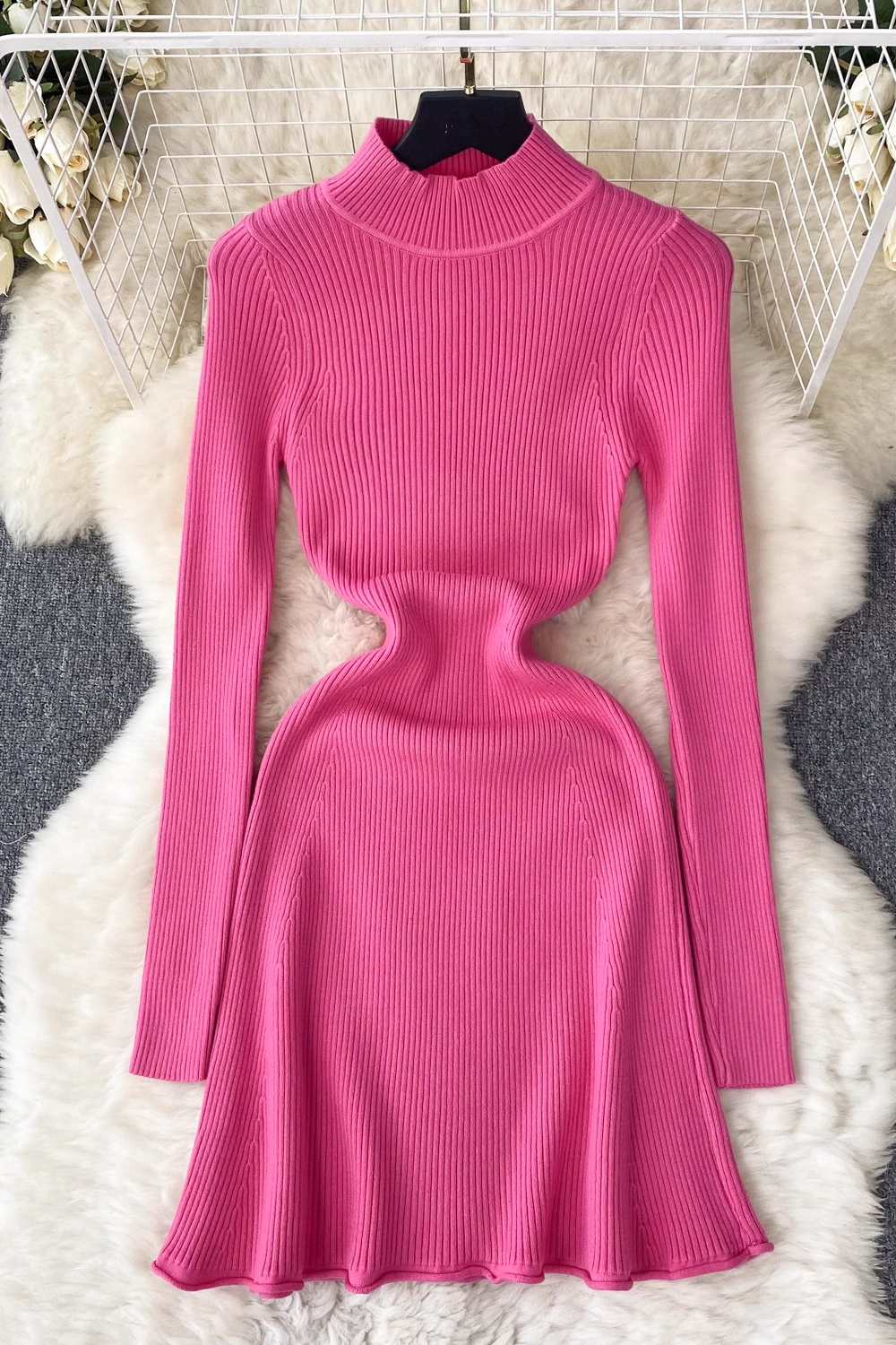 Solid color knitted dress women's autumn and winter half turtleneck tight dress YM514