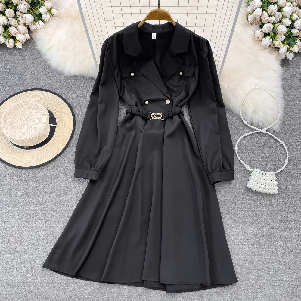 Vintage Bubble Long Sleeve Suit Collar A-Line Maxi Dress, YM239