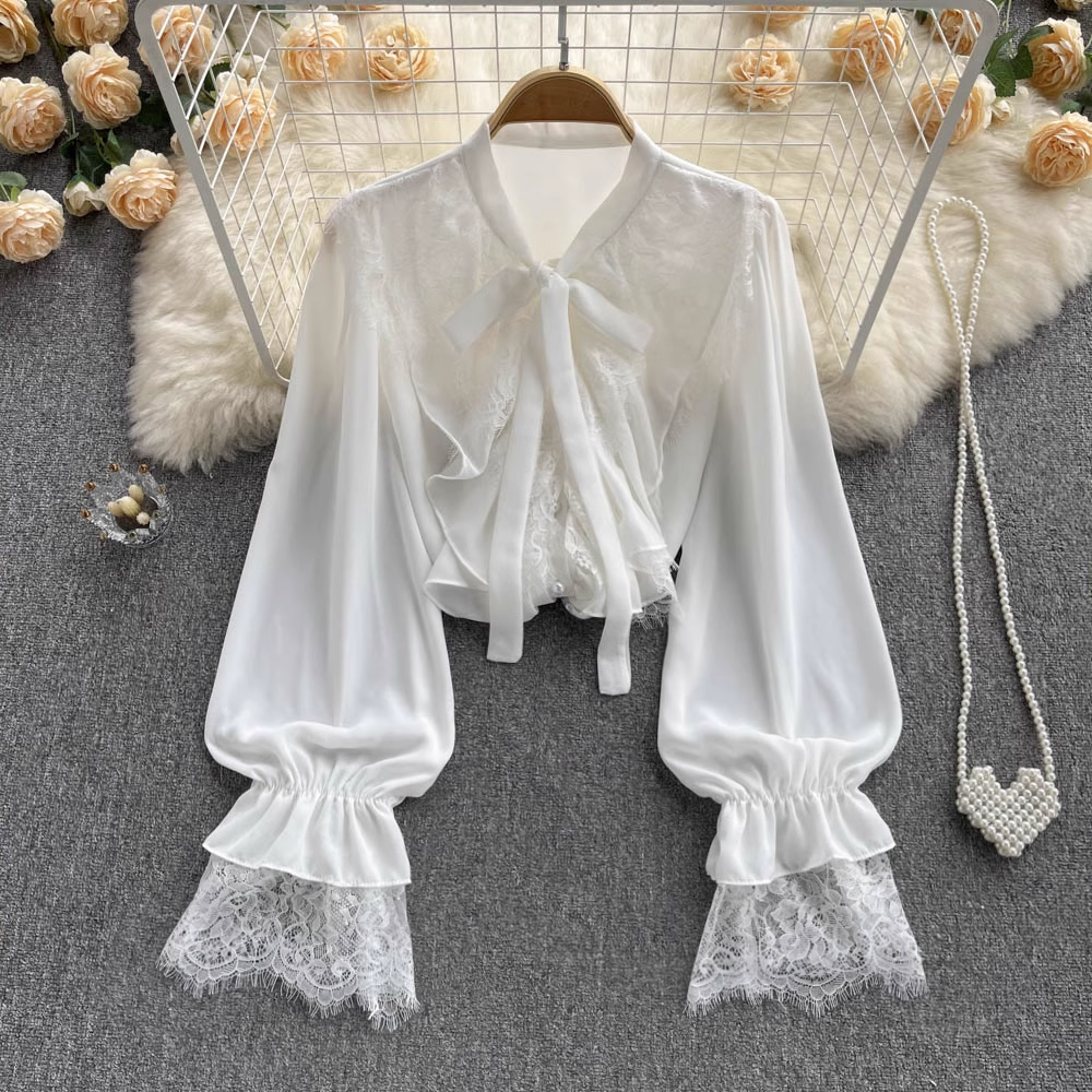 Ruffle Trim Blouses Panel Lace Chiffon Long Sleeves YM431