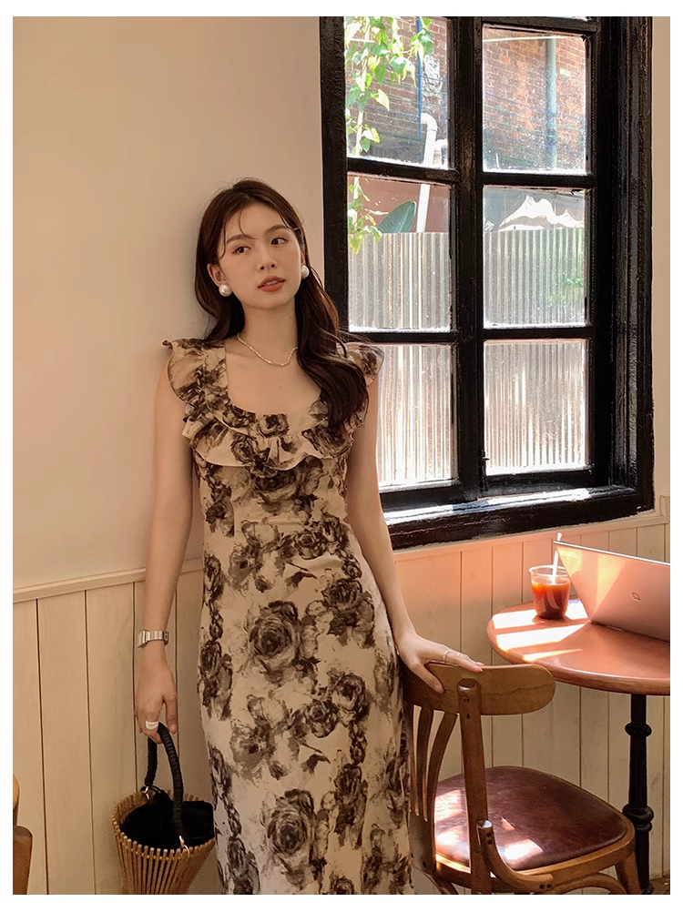 New retro round neck ruffle print dress   YM1180