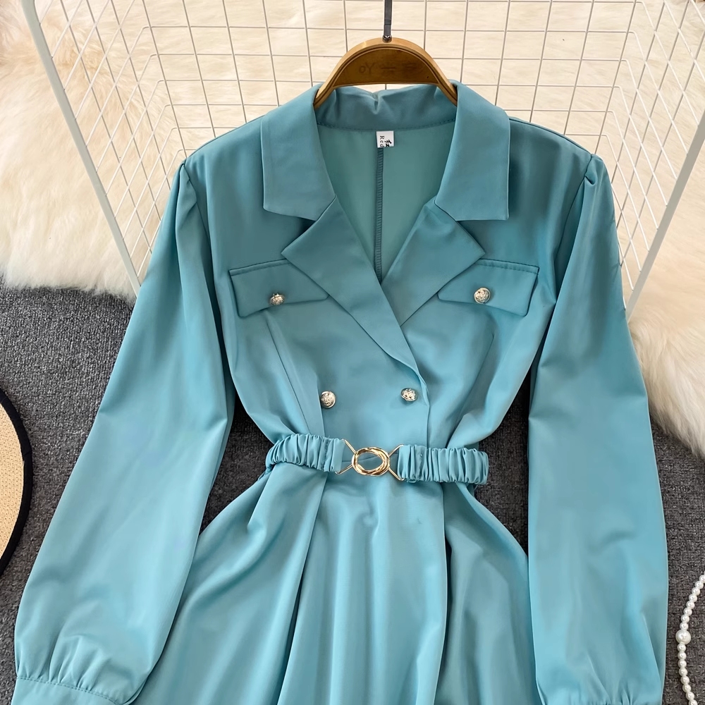 Vintage Bubble Long Sleeve Suit Collar A-Line Maxi Dress, YM239