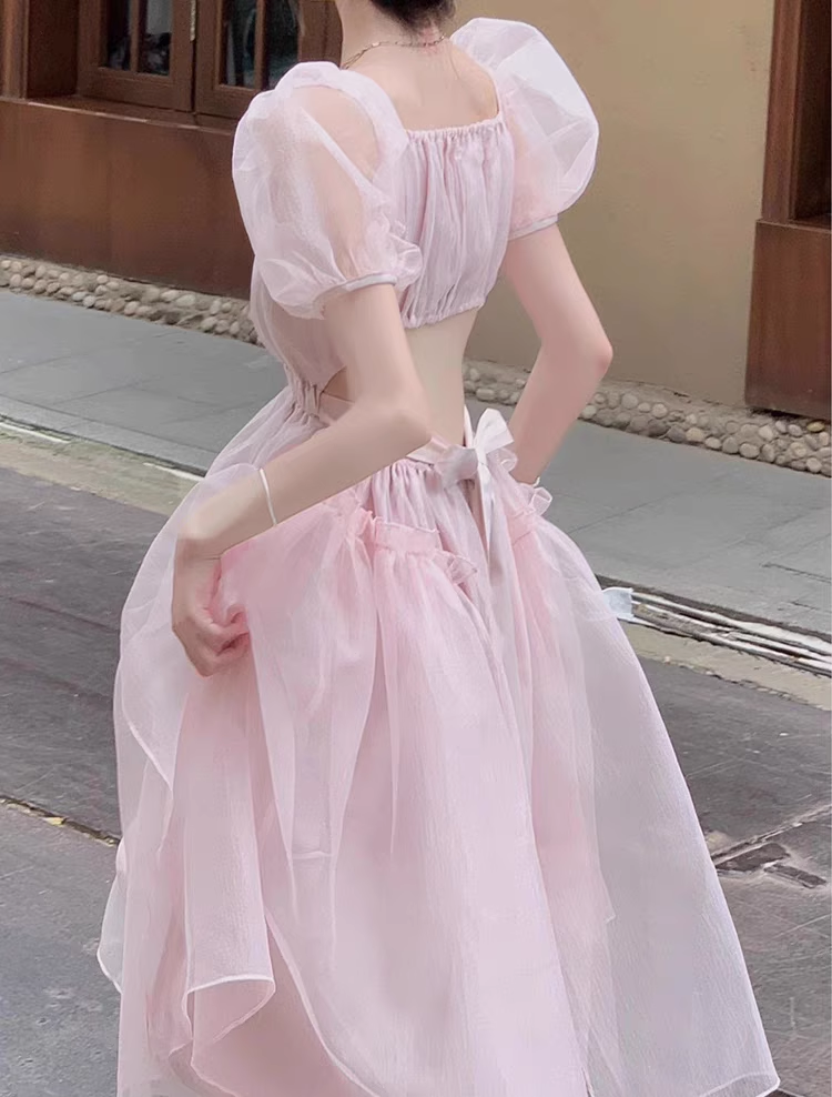 Pink backless dress for women summer puff sleeve long dress YM1503