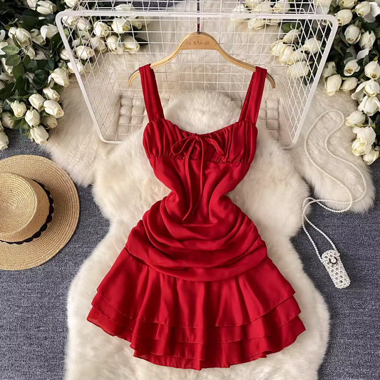 Red ruffle suspender short dress YM1467