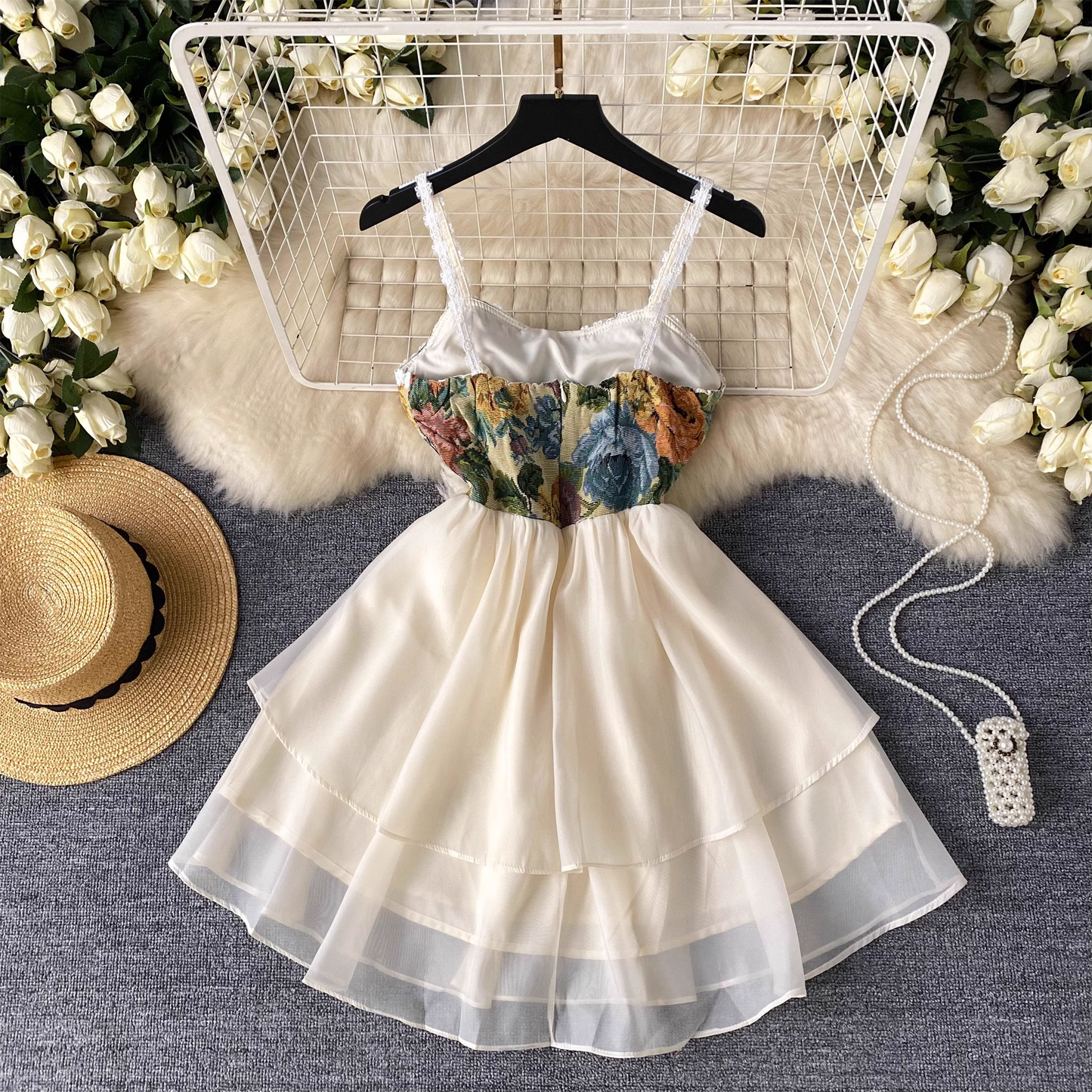 French retro style suspender dress for women summer rose embroidered straps YM1089