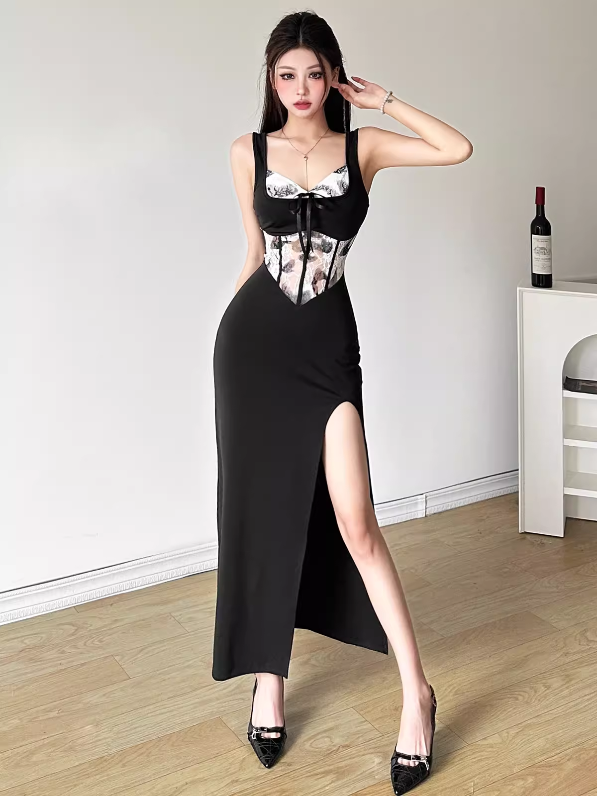 Retro Sexy Suspender Dress for Women Lace Color Block Dress YM1339