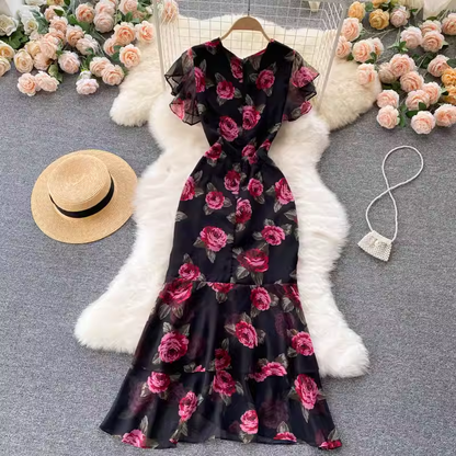 Chiffon print elegant ruffled mermaid dress YM1072