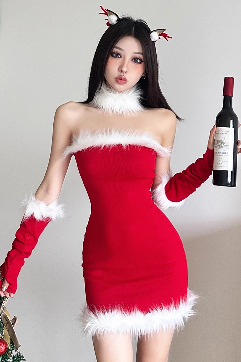 Christmas limited plush trim tube top dress YM879