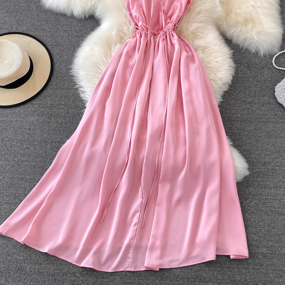 Pink V Neck Backless Summer Dress ,YM216