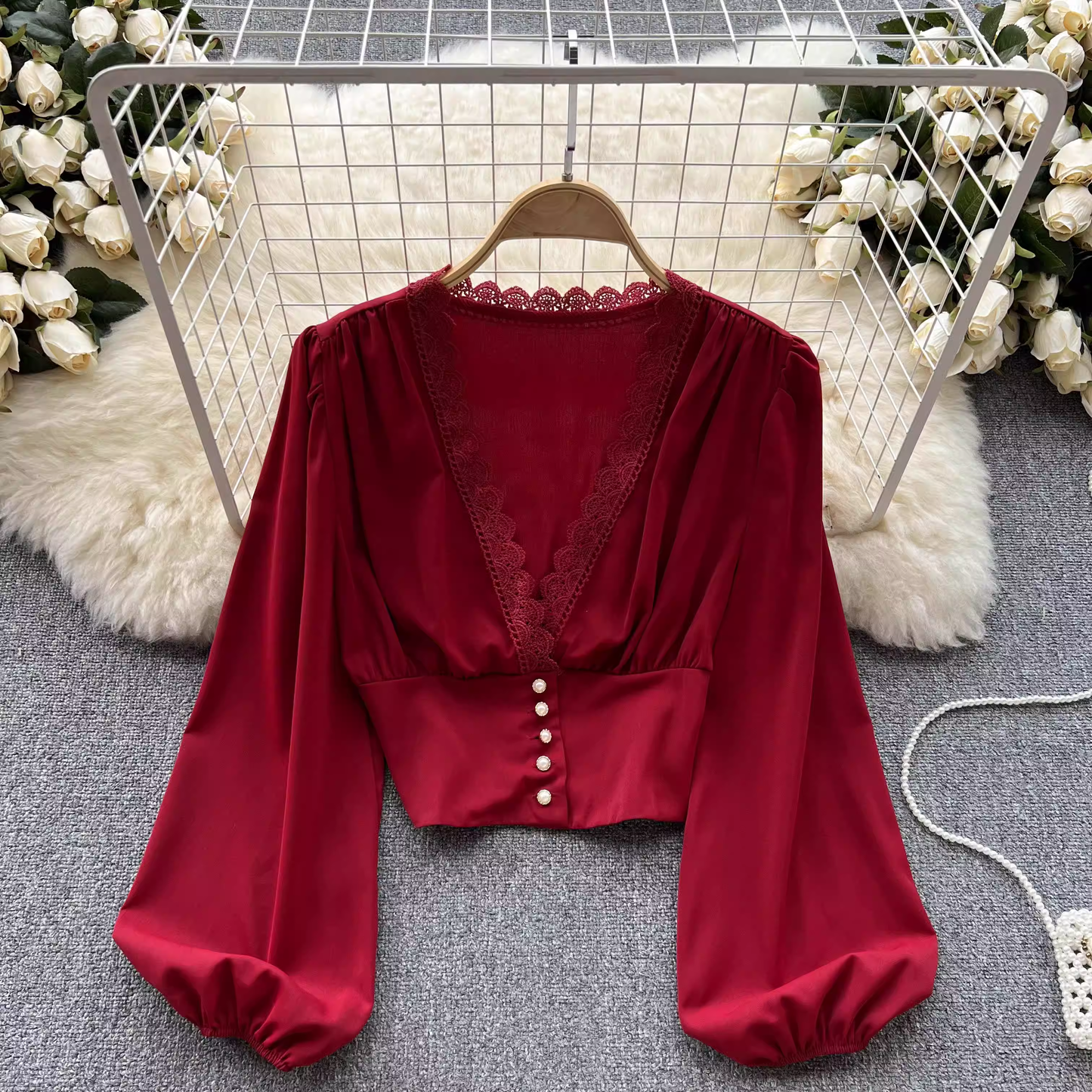 Lantern sleeve slim waist slimming long sleeves blouses ,YM138