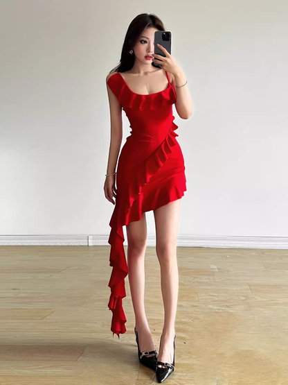 Red irregular sexy short dress YM1326