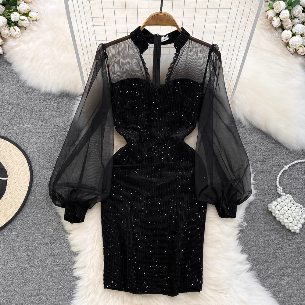 V-neck mesh lantern long-sleeved patchwork A-line sequin dress YM820