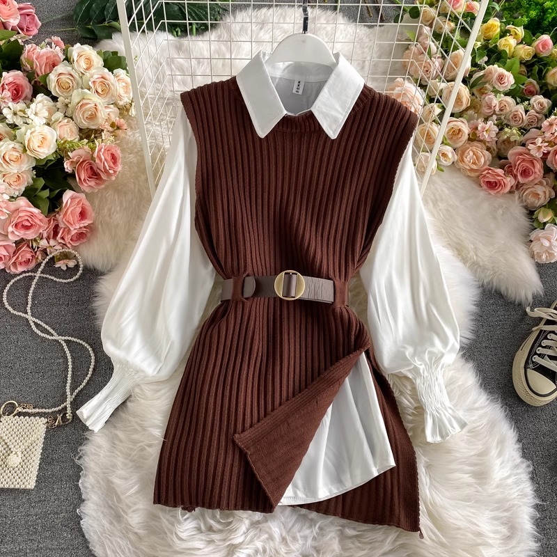 Long Shirt Tie Knit Vest Two-Piece Set, YM259