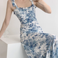 Blue and white porcelain floral square neck suspender dress YM466