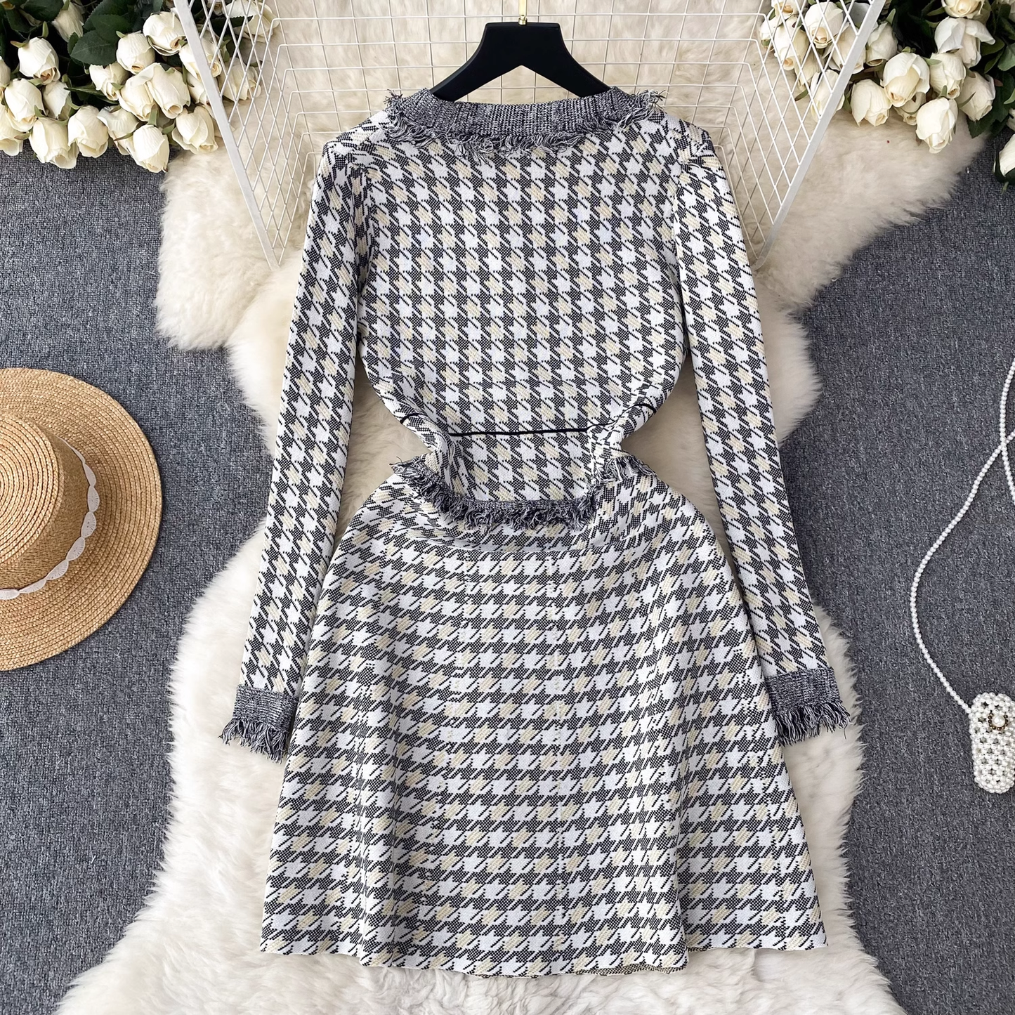 Women's high-end plaid knitted dress in autumn and winter YM445