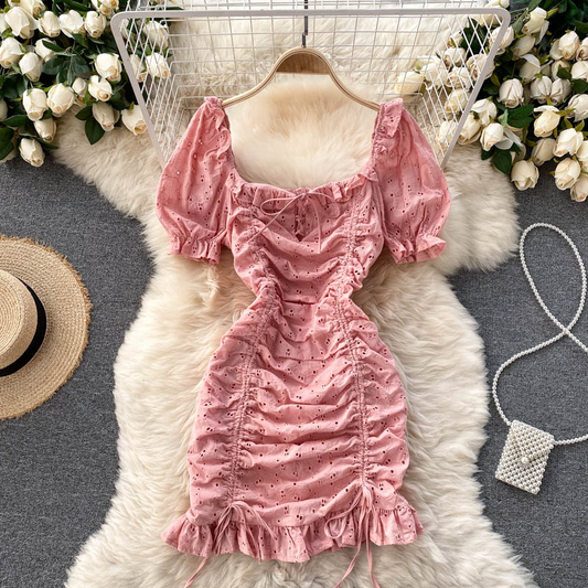 Sweet A line short sleeves summer dress lace dress, YM75