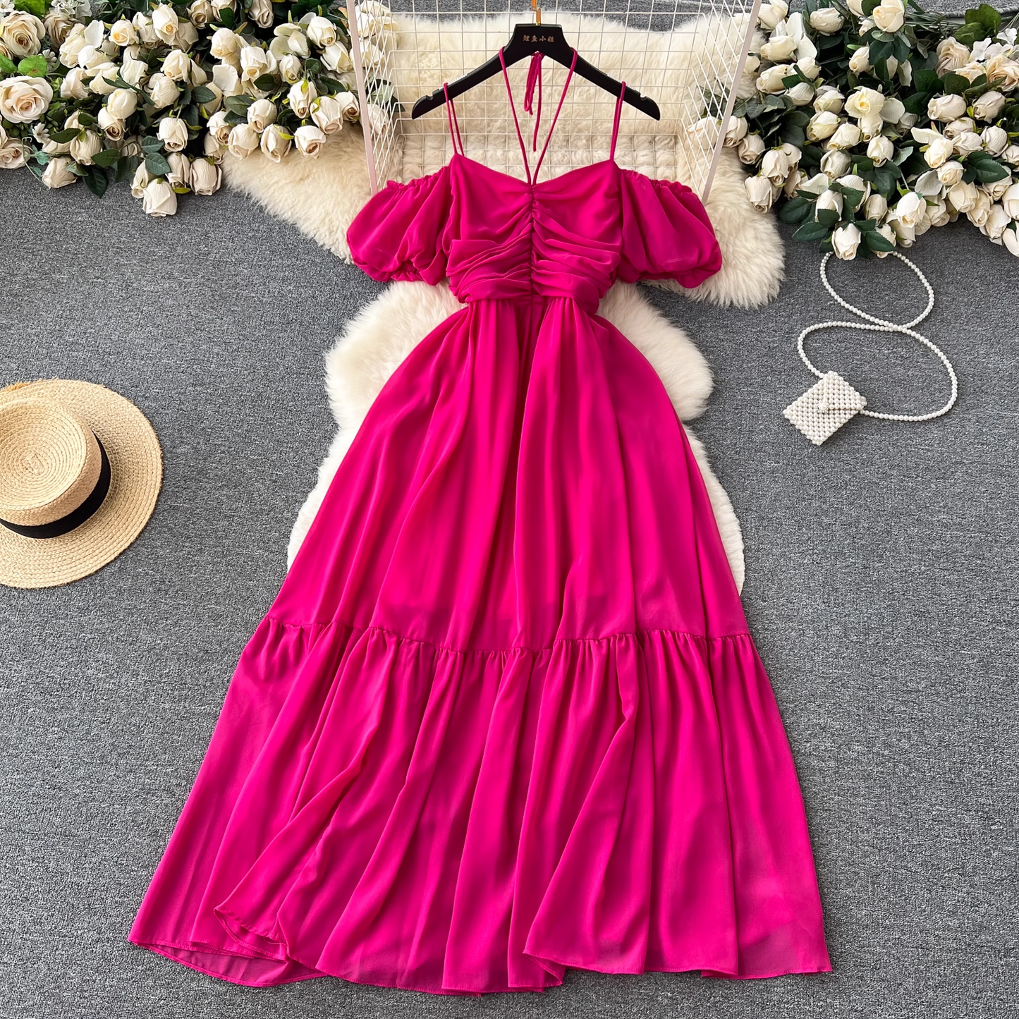 Women's summer strapless pleated dress with straps YM352