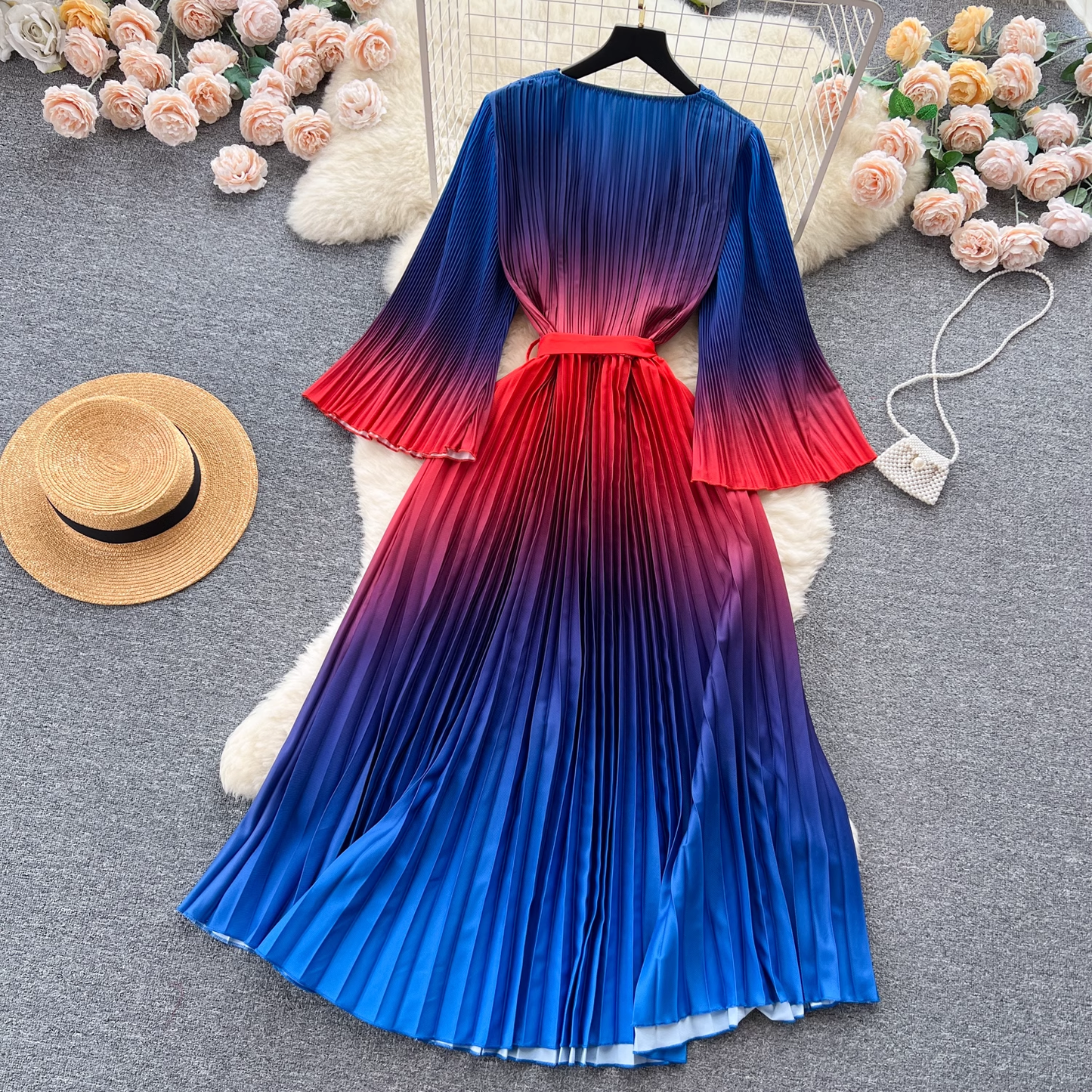 women's gradient color round neck long sleeve dress YM322